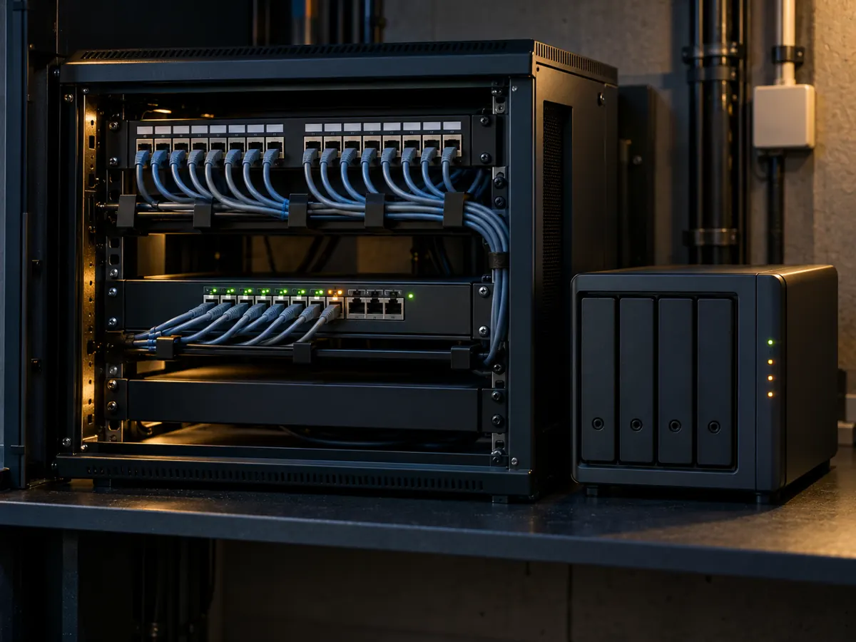 Baie réseau avec switch, câblage RJ45 et NAS de sauvegarde