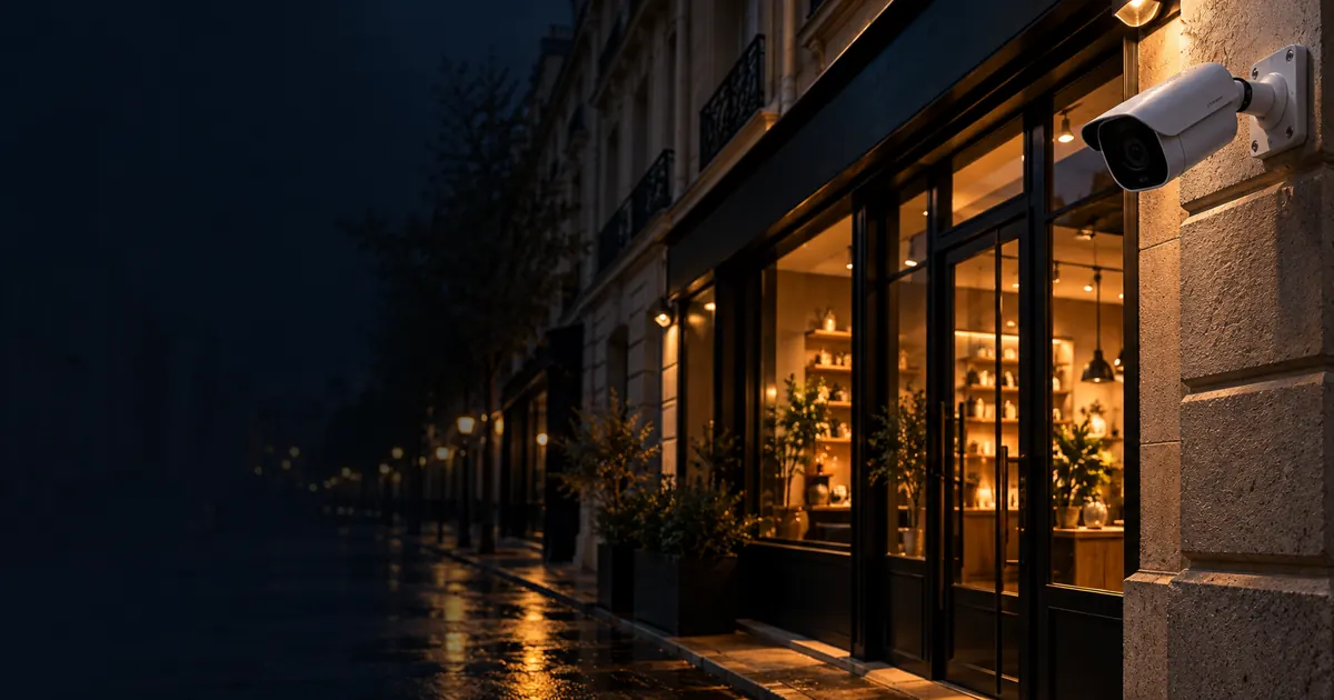 Caméra de vidéosurveillance sur la façade d’un commerce la nuit