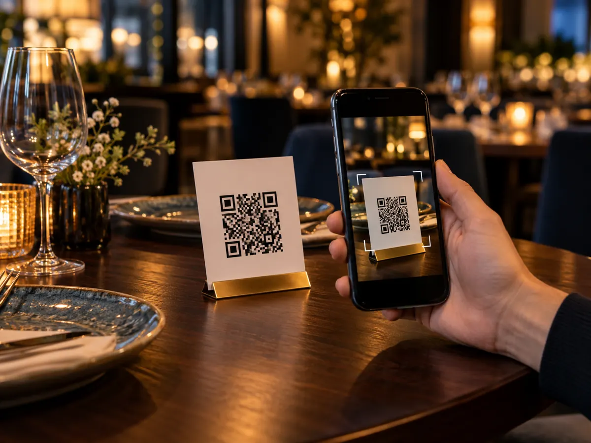 Client scannant un QR code de commande sur une table de restaurant