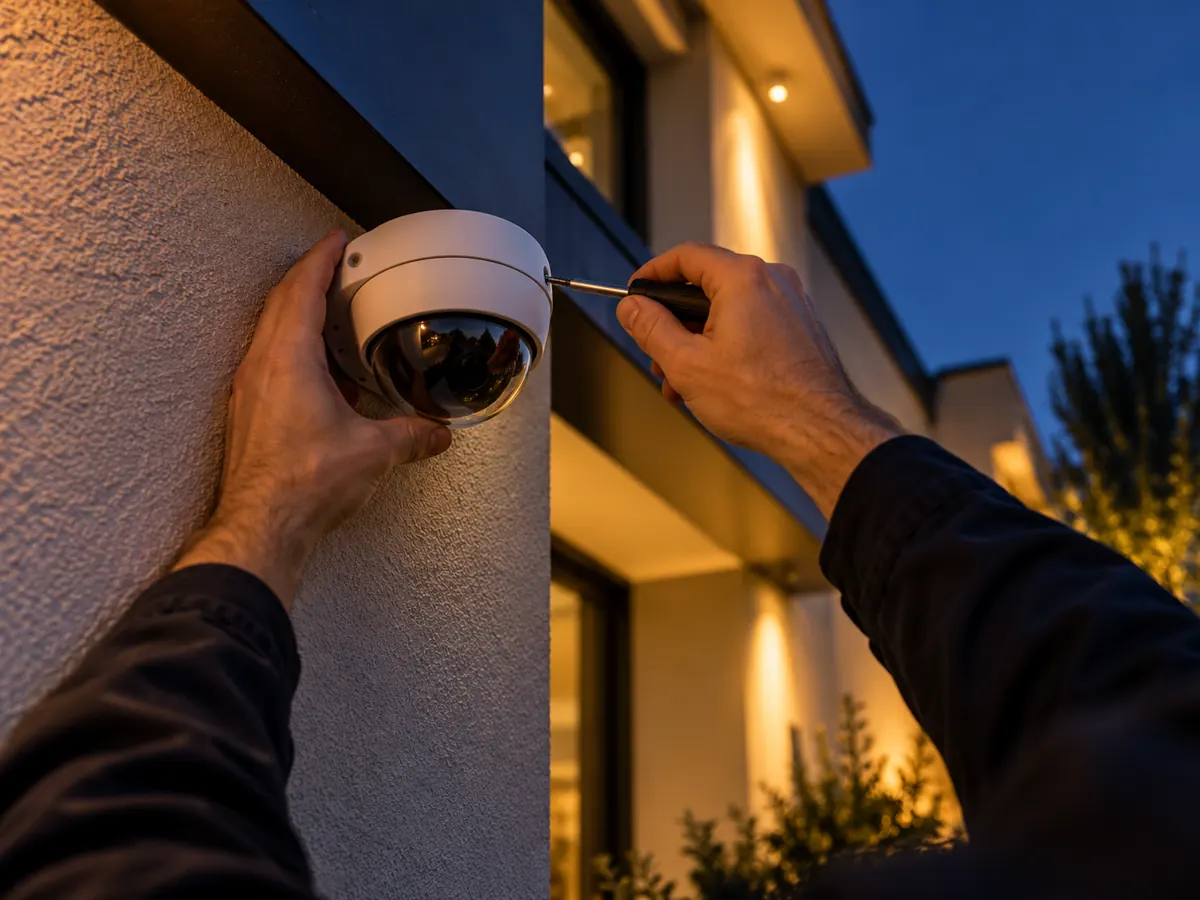 Technicien fixant une caméra de vidéosurveillance sur une façade
